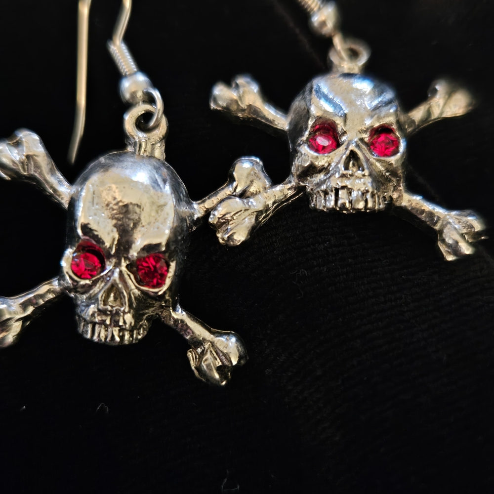 Silver Skull and Crossbones Earrings with Red Accents